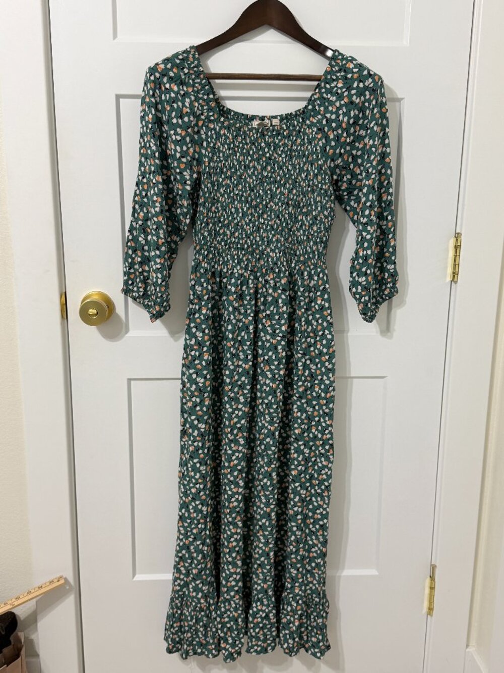 FatFace Adele Shirred Midi Dress Ditsy Pear Green Smocked Puff Sleeve US 4